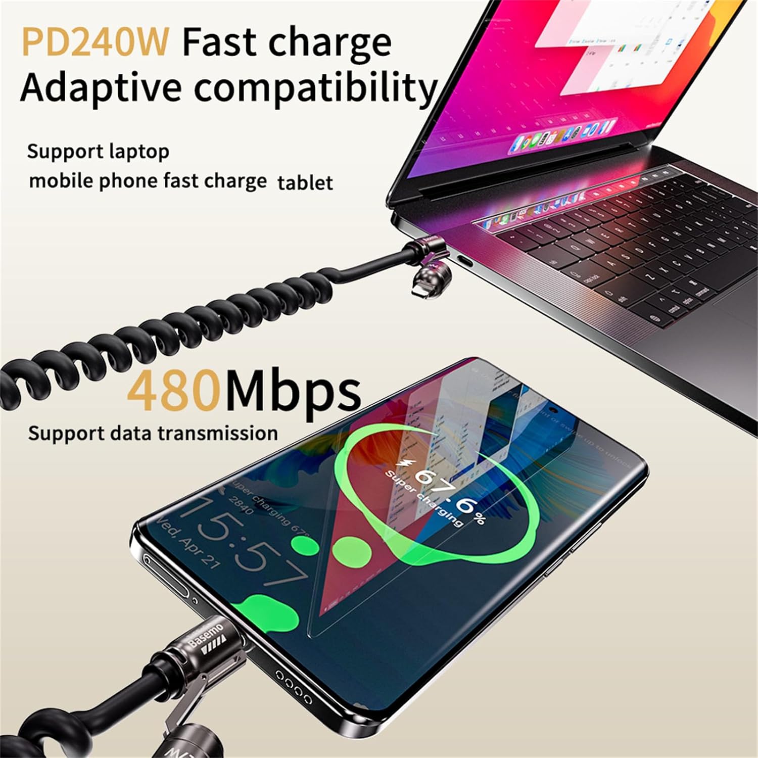4-in-1 Coiled 240W Rapid Charging Cable,240W Super Fast Charging Spring Data Cable 4 in 1, 2 Meters Extended Spring Cable.