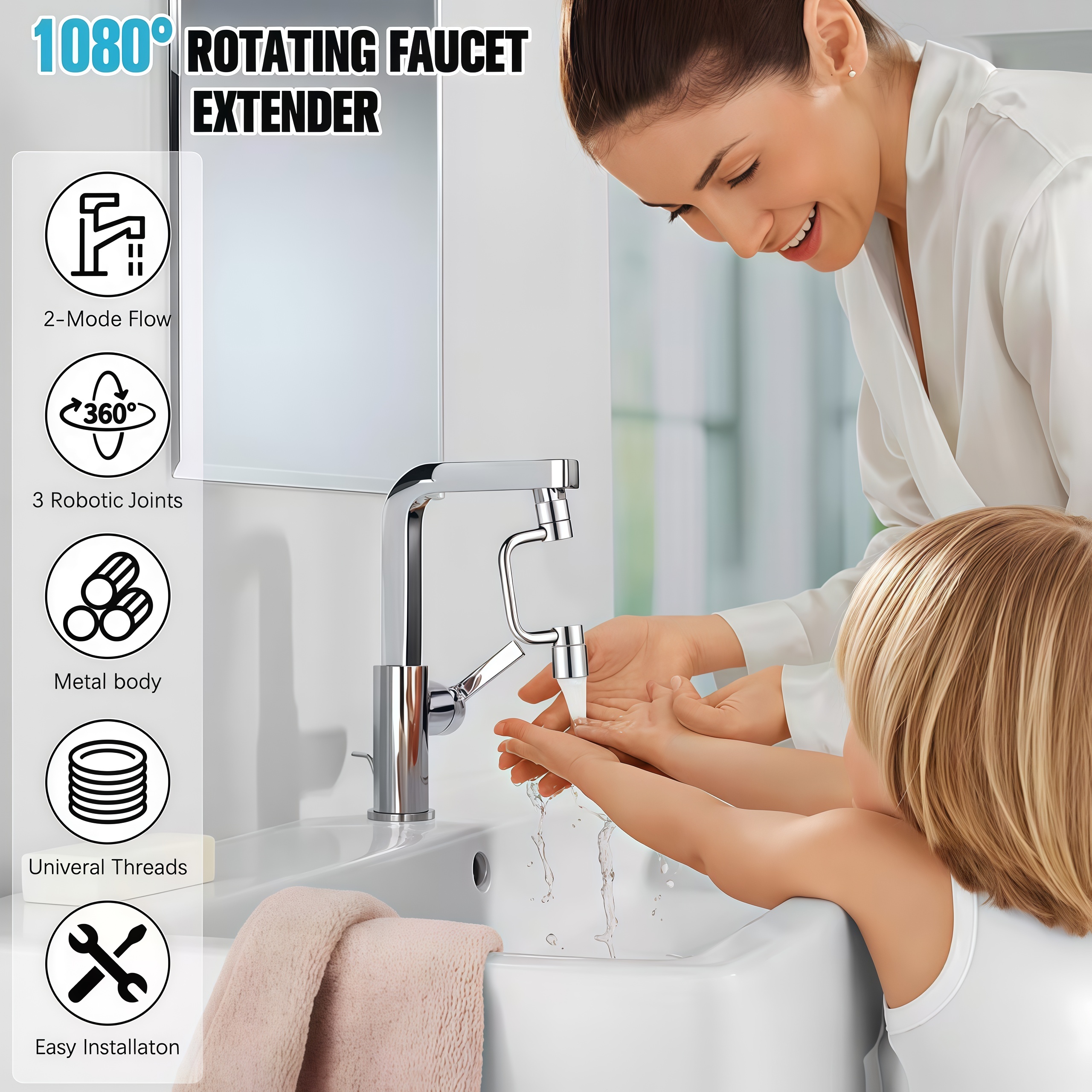 Universal Sink Faucet 1440° Rotatable Faucet Aerator Extension, U Shaped Faucet Extender, 360° Rotating Faucet Extender for Bathroom Sink/Kitchen, Sink Faucet Extender, 2 Modes Adjustable
