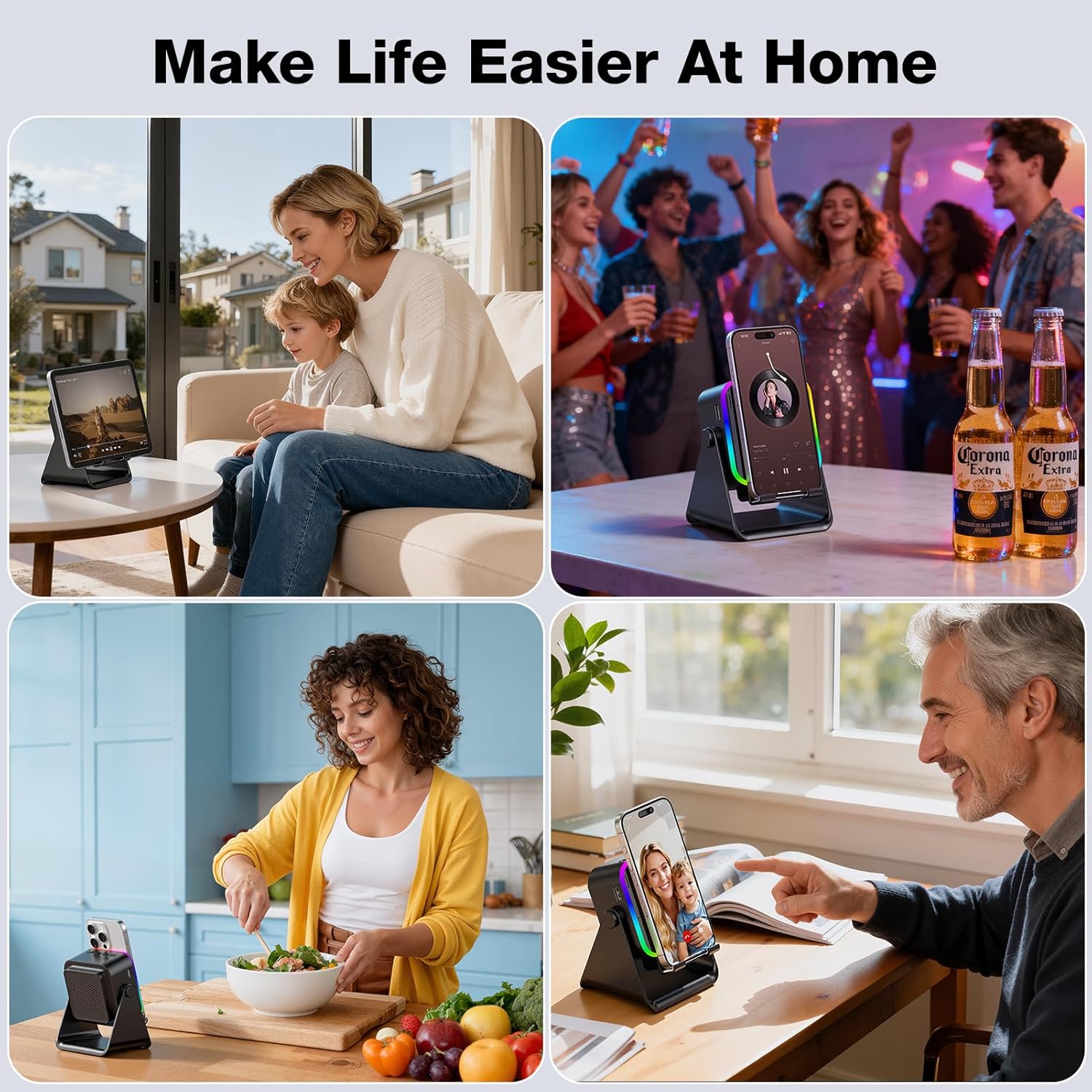 Wireless Induction Speaker 5-in-1 Bluetooth Speaker with Phone Stand,Stereo Sound, 3500mAh Rechargeable, 8 RGB Ambient Light, 360° Adjustable Holder for iPhone/Android/iPad,Gifts for Men Women