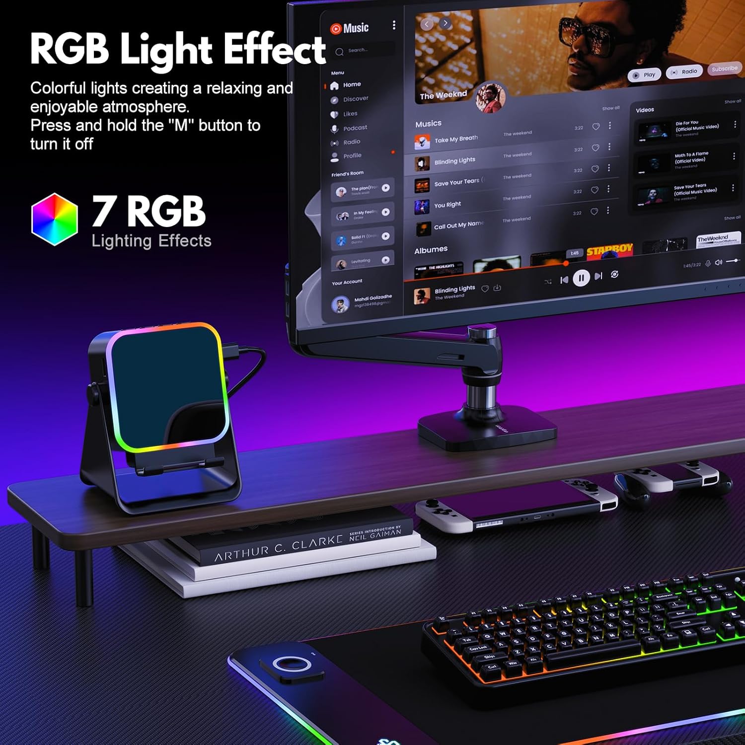 Wireless Induction Speaker 5-in-1 Bluetooth Speaker with Phone Stand,Stereo Sound, 3500mAh Rechargeable, 8 RGB Ambient Light, 360° Adjustable Holder for iPhone/Android/iPad,Gifts for Men Women