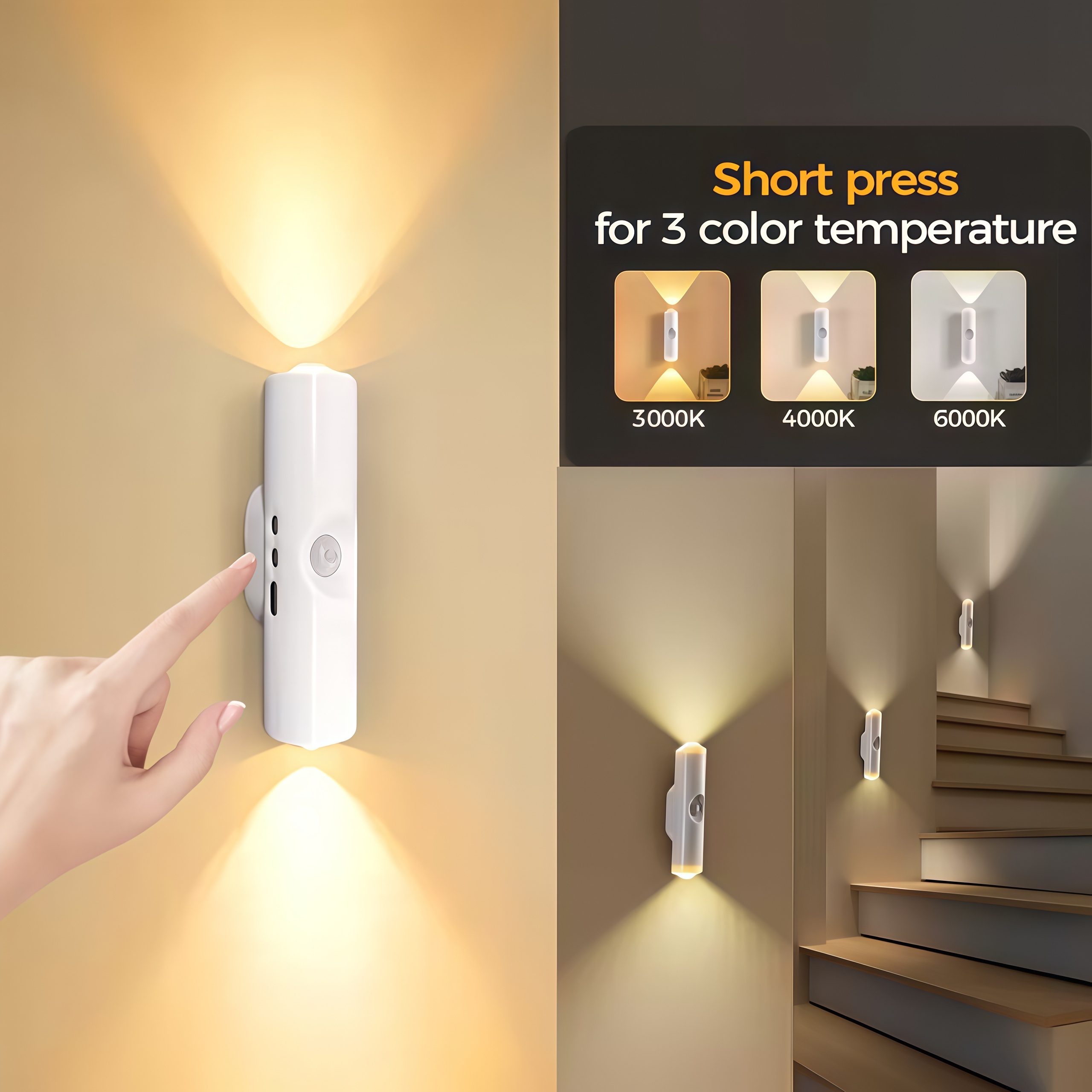 Smart Motion Sensor LED Night Light ,White And Three-Color Dual-Head Cat-Eye Wall Lights , Stick-On No Drilling Bedside Lamp,USB Rechargeable Bedside Night Light, Christmas Lighting, Suitable for Bedroom, Hallway, Staircase, and Office Ambient Lighting.