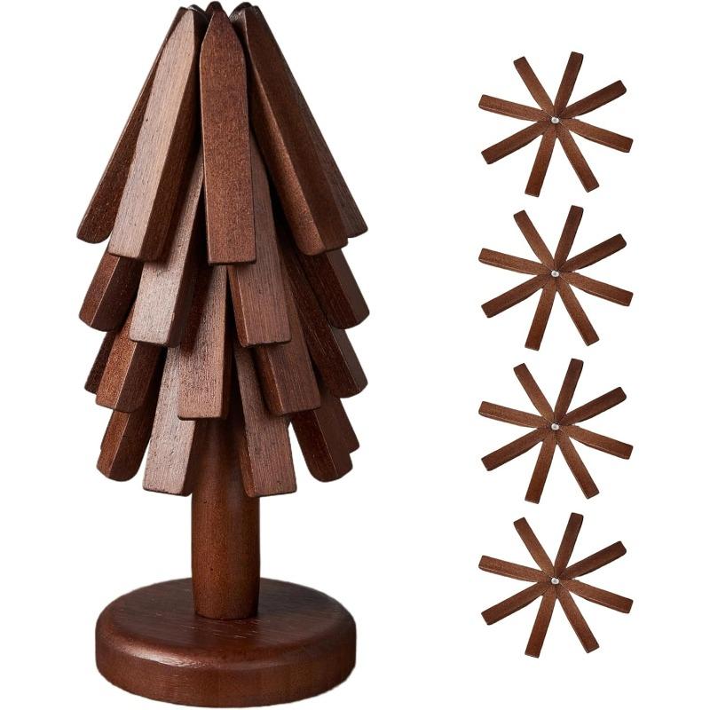 Natural Tree Trivet Set - Christmas Tree Design! This heat - resistant set includes 4 walnut - wood trivets and 1 stand, stored like a Christmas tree. A foldable kitchen decor art, perfect for pots, bowls, coffee mugs, teapots and hot pots.