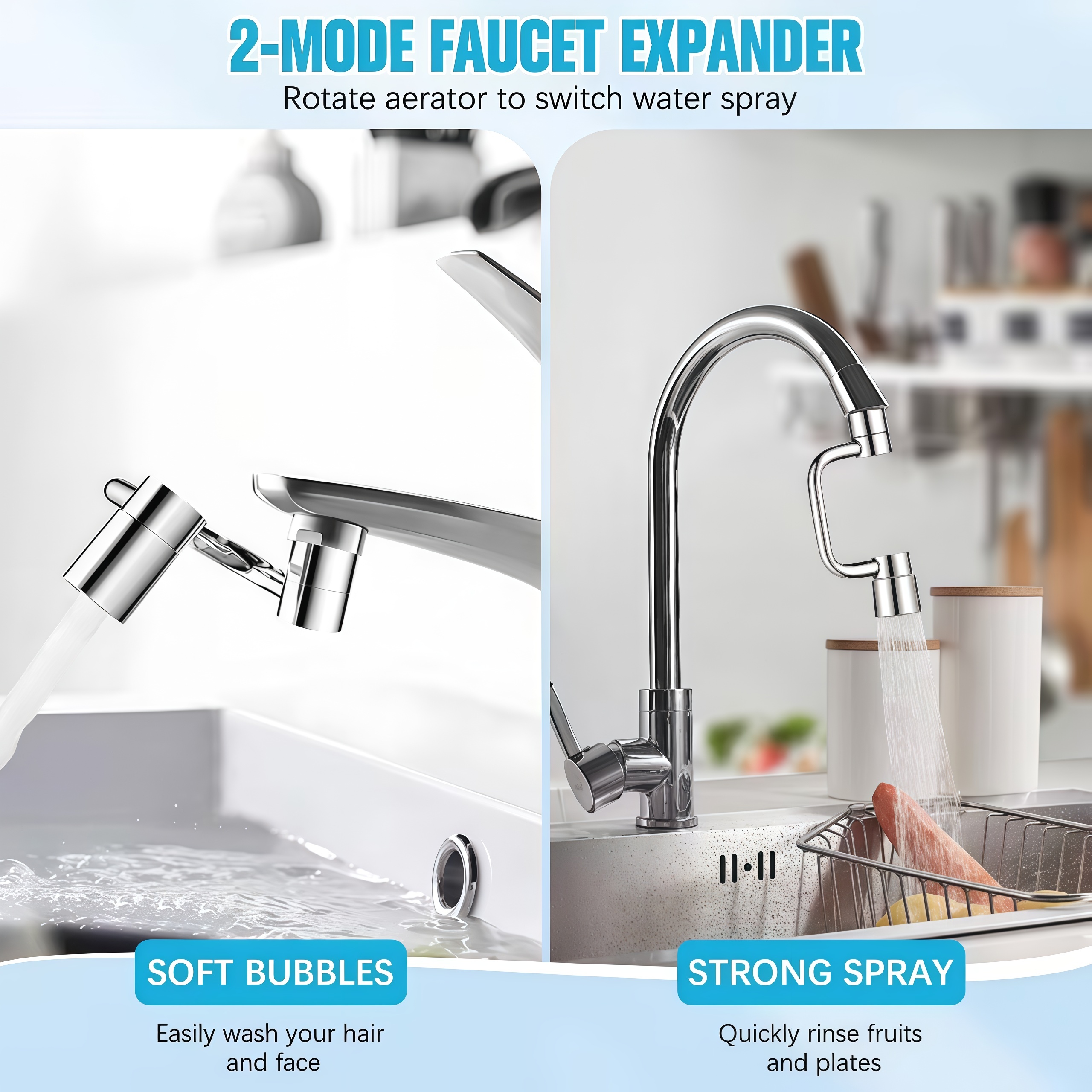 Universal Sink Faucet 1440° Rotatable Faucet Aerator Extension, U Shaped Faucet Extender, 360° Rotating Faucet Extender for Bathroom Sink/Kitchen, Sink Faucet Extender, 2 Modes Adjustable