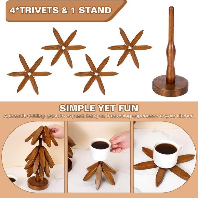 Natural Tree Trivet Set - Christmas Tree Design! This heat - resistant set includes 4 walnut - wood trivets and 1 stand, stored like a Christmas tree. A foldable kitchen decor art, perfect for pots, bowls, coffee mugs, teapots and hot pots.