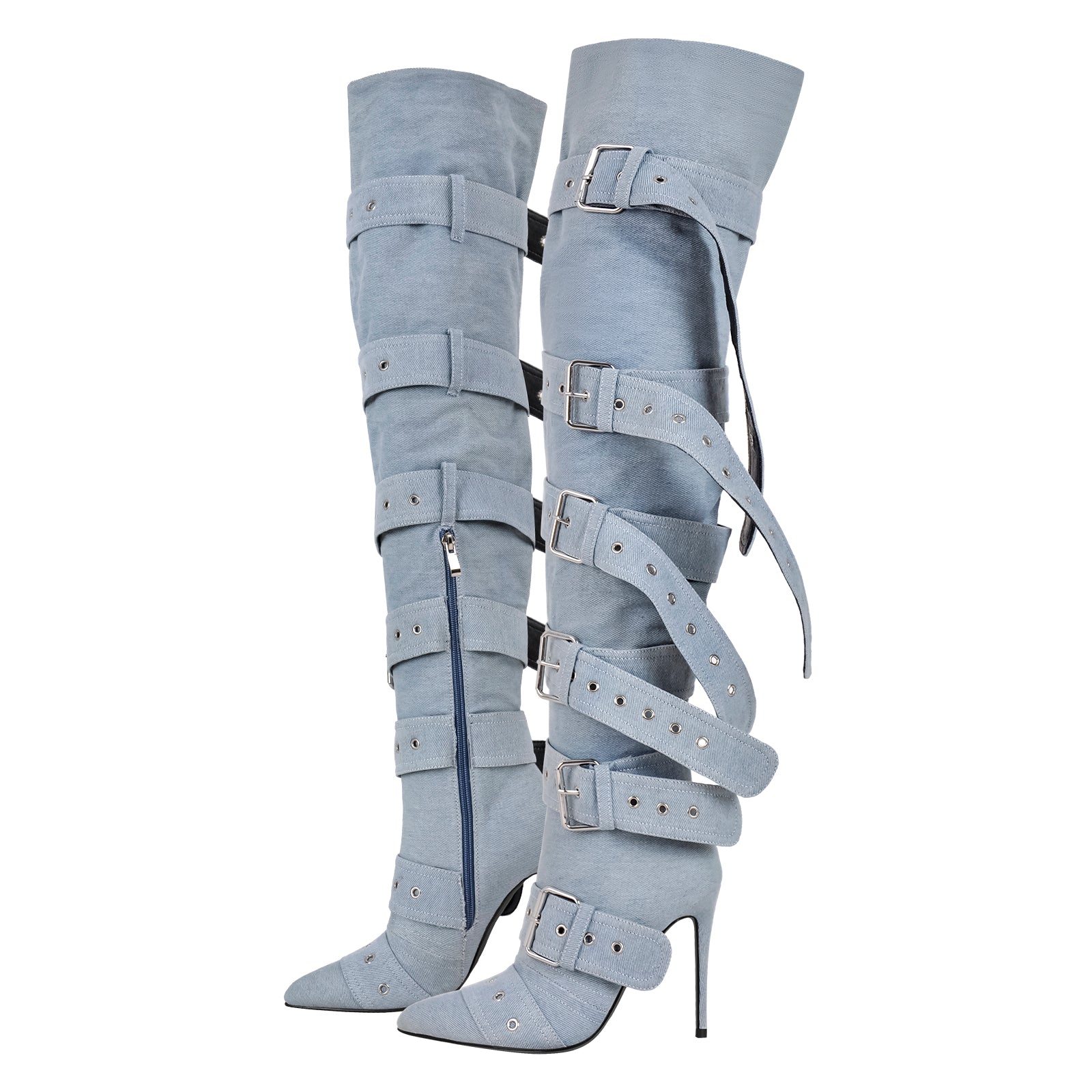 Pointed Toe Multi Buckle Strap Thigh High Boots