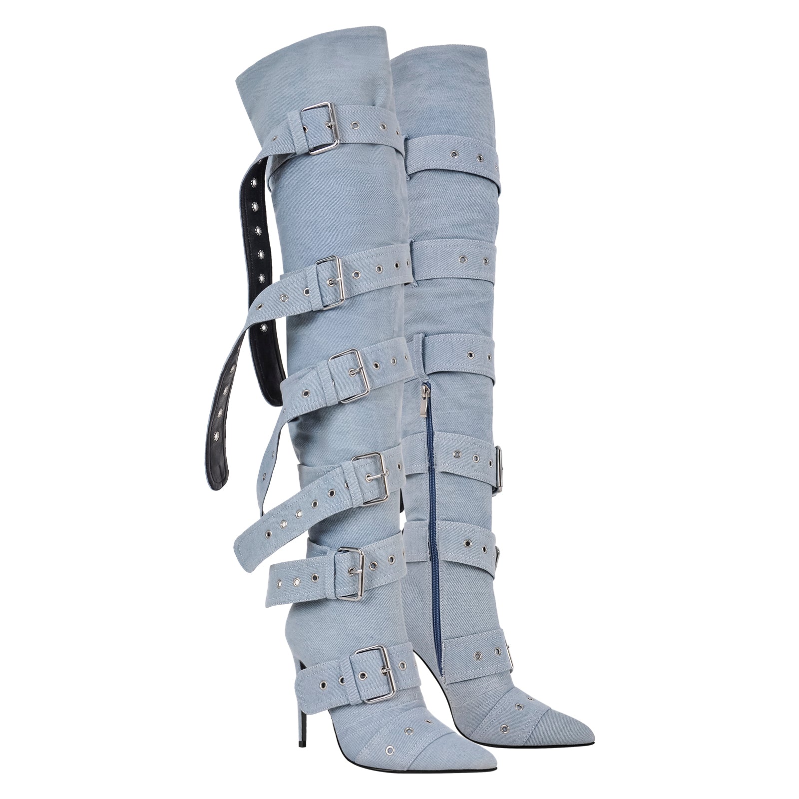 Pointed Toe Multi Buckle Strap Thigh High Boots