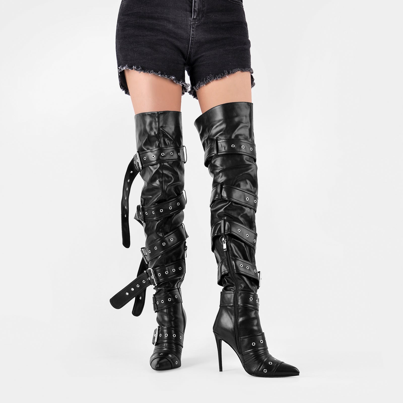 Pointed Toe Multi Buckle Strap Thigh High Boots