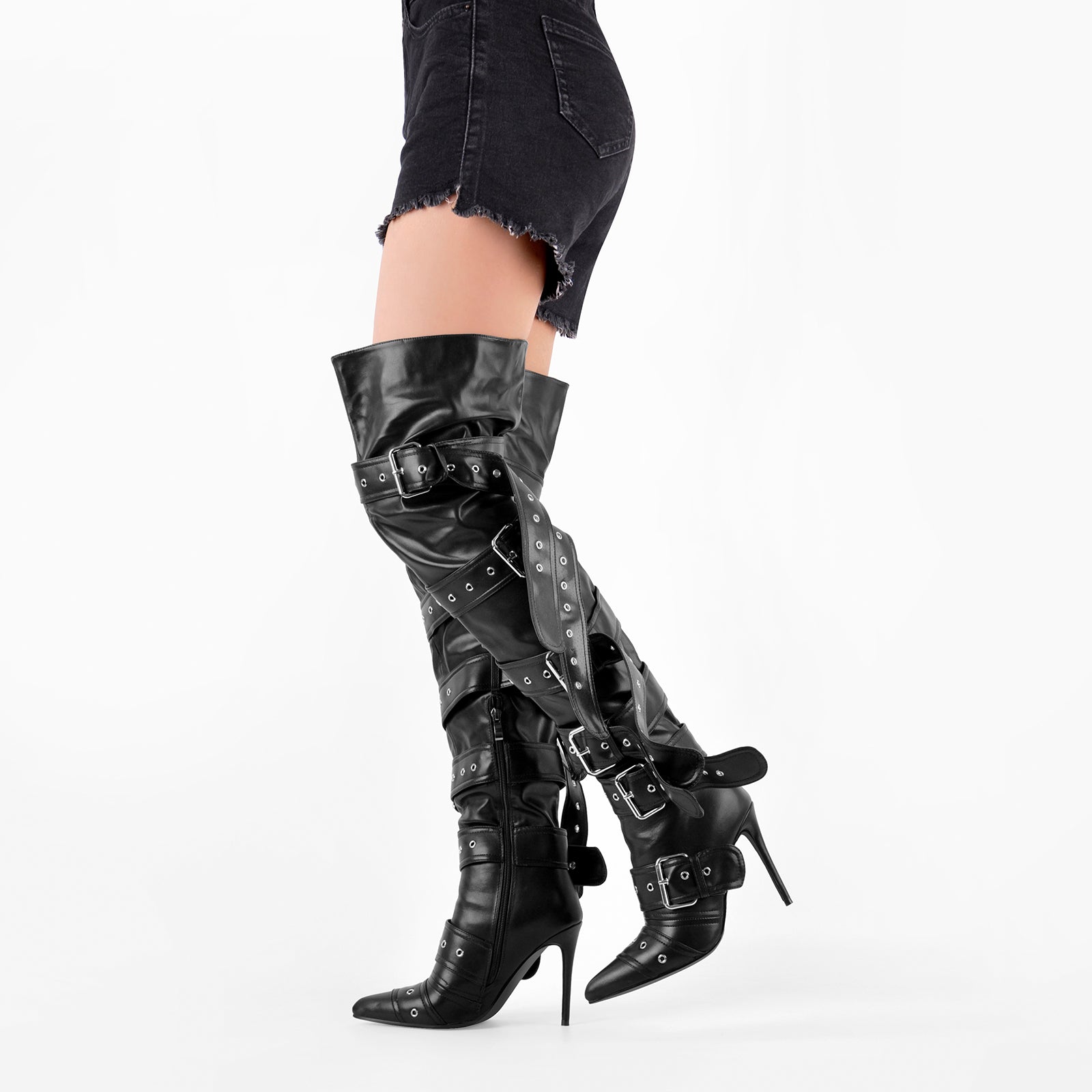 Pointed Toe Multi Buckle Strap Thigh High Boots