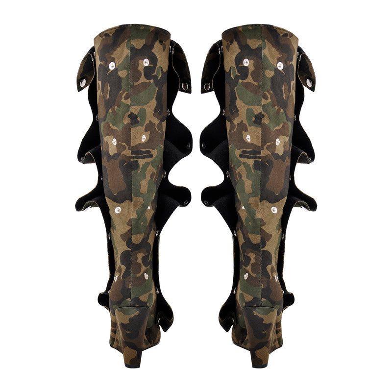 Pointed Toe Wedge Heel Camouflage Fold Over Boots