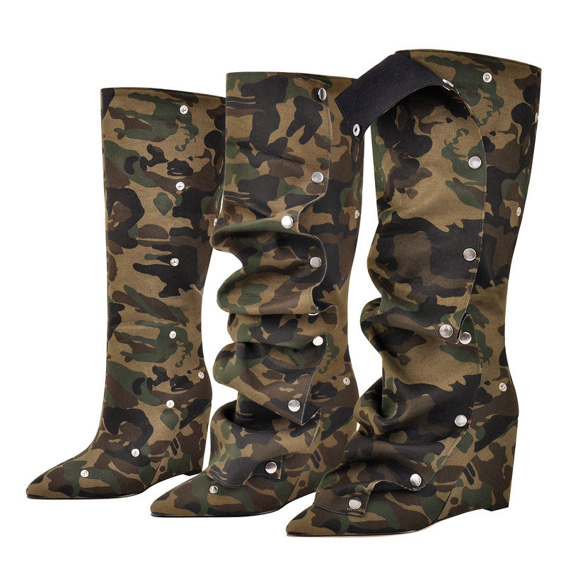 Pointed Toe Wedge Heel Camouflage Fold Over Boots