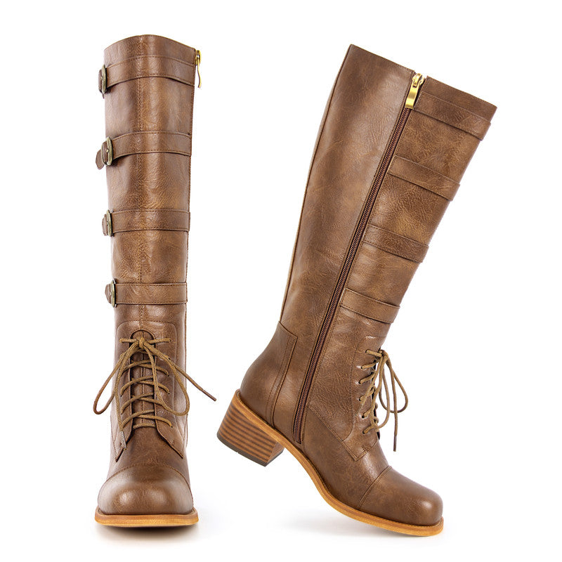 Square Toe Chunky Heel Buckles Boots