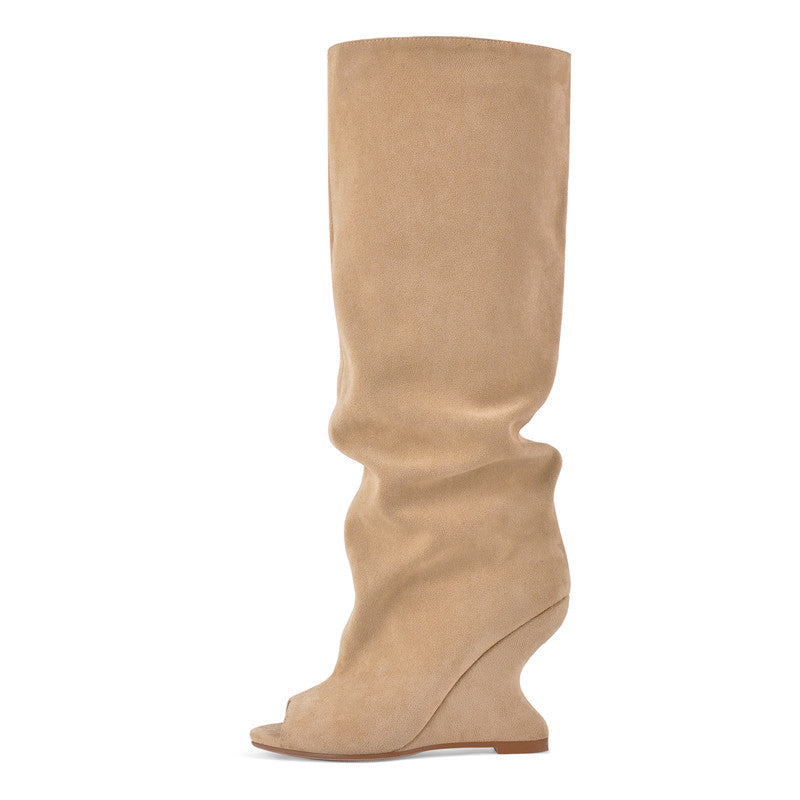 Peep Toe Wedge Suede Chunky Boots