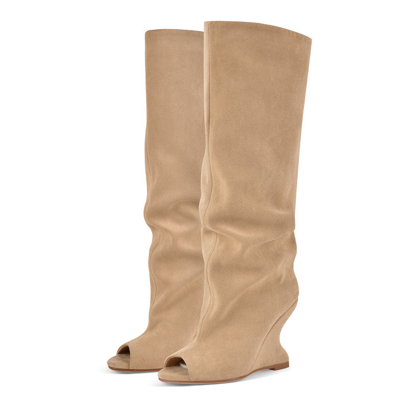 Peep Toe Wedge Suede Chunky Boots
