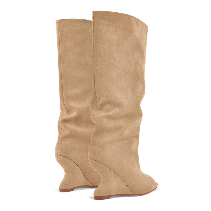 Peep Toe Wedge Suede Chunky Boots