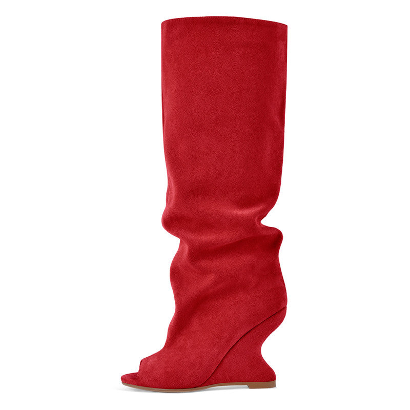Peep Toe Wedge Suede Chunky Boots