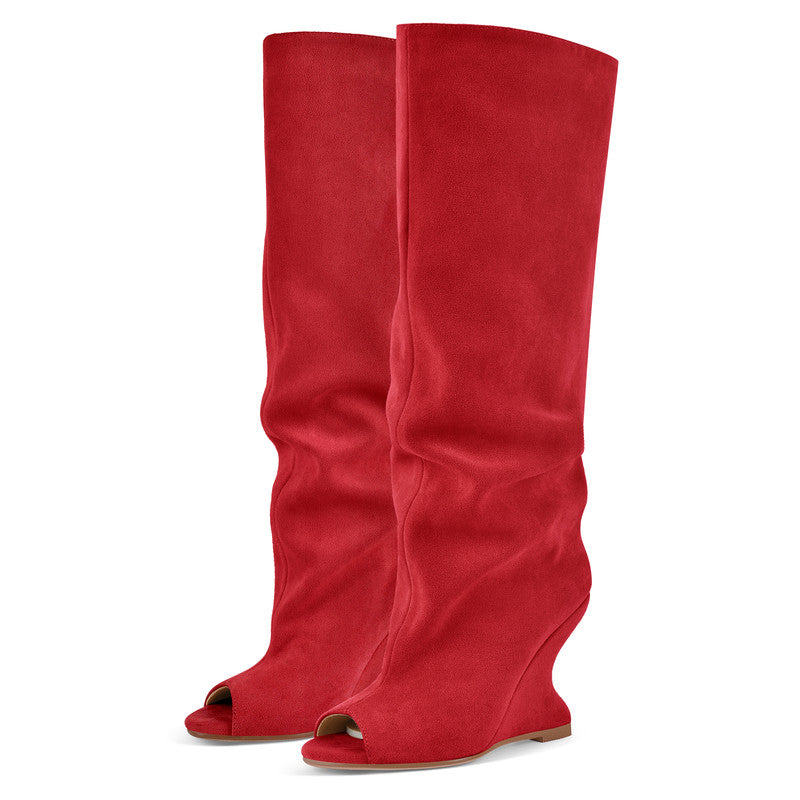 Peep Toe Wedge Suede Chunky Boots