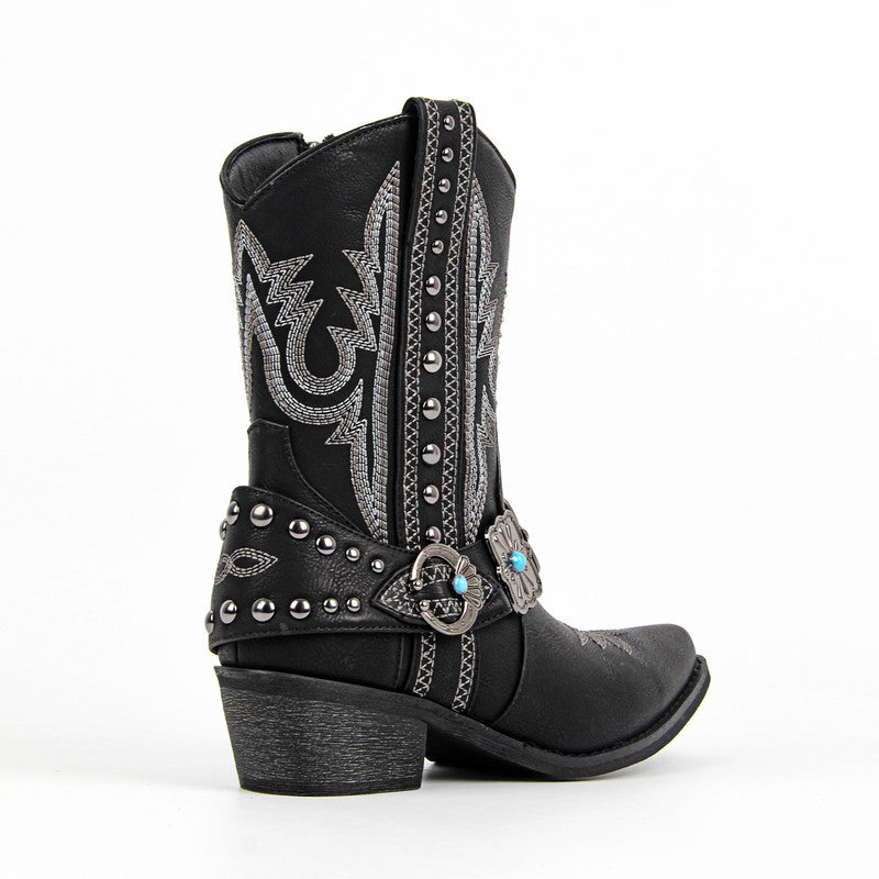 Embroidery Western Buckle Ankle Boots