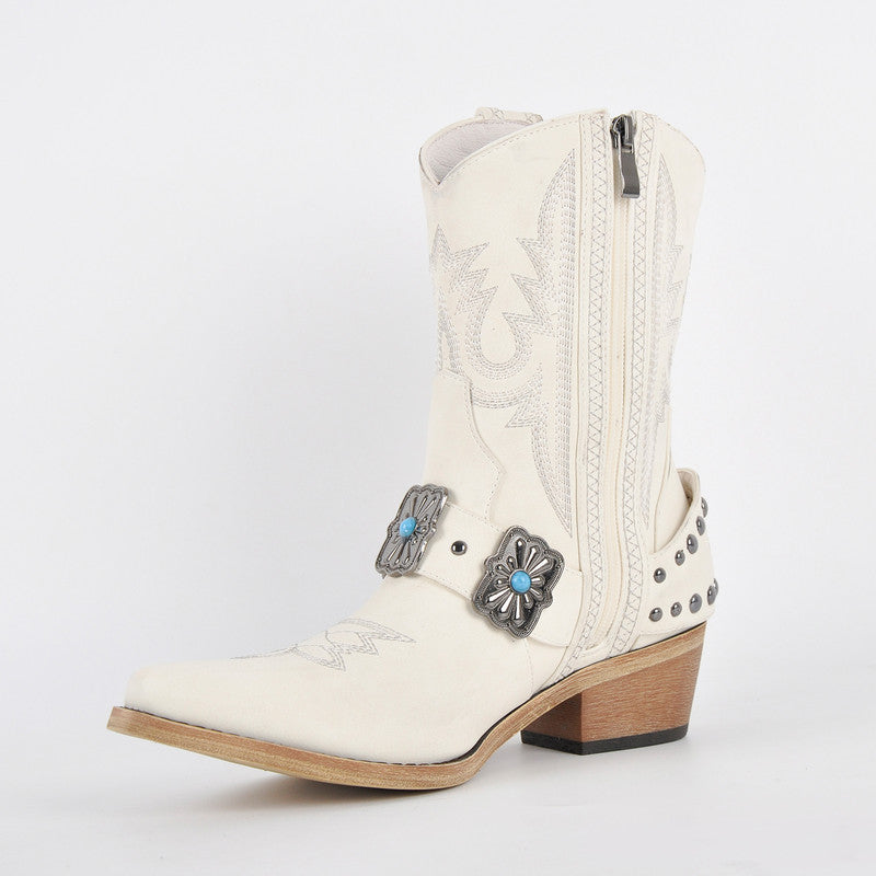 Embroidery Western Buckle Ankle Boots