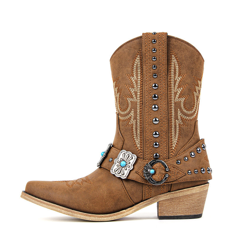 Embroidery Western Buckle Ankle Boots