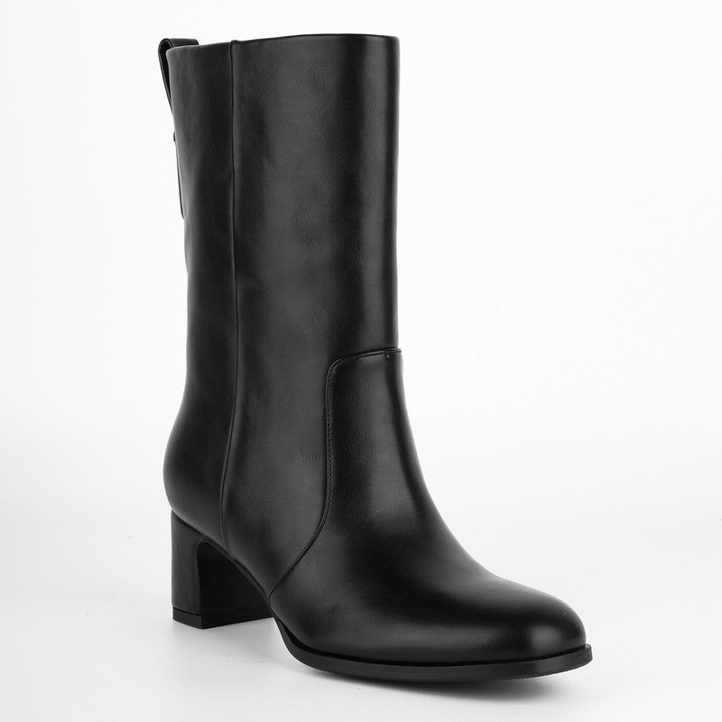 Round Toe Chunky Heel Mid Calf Boots