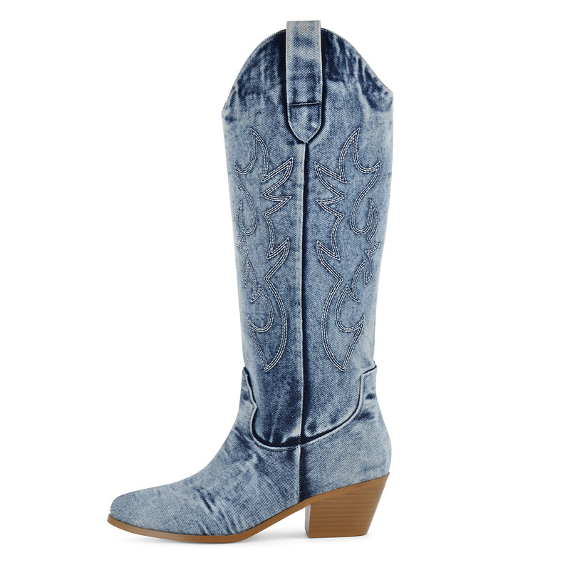Denim Embroidery Western Boots