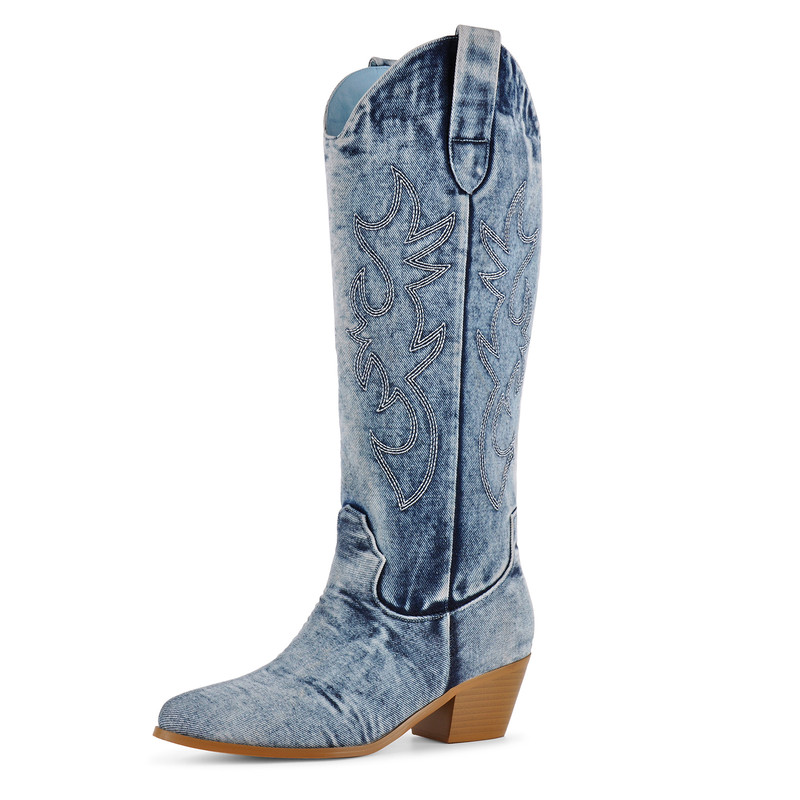 Denim Embroidery Western Boots