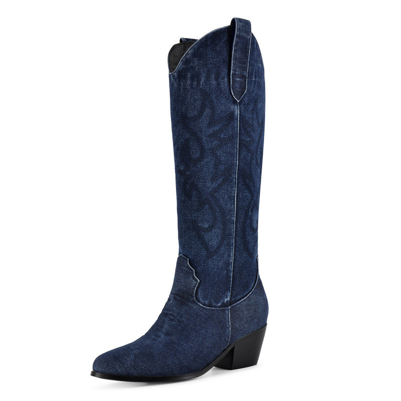 Denim Embroidery Western Boots