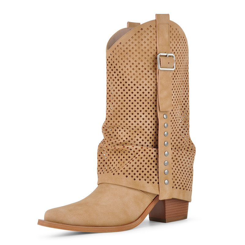 Pointed Toe Hollow Buckle Western Boots
