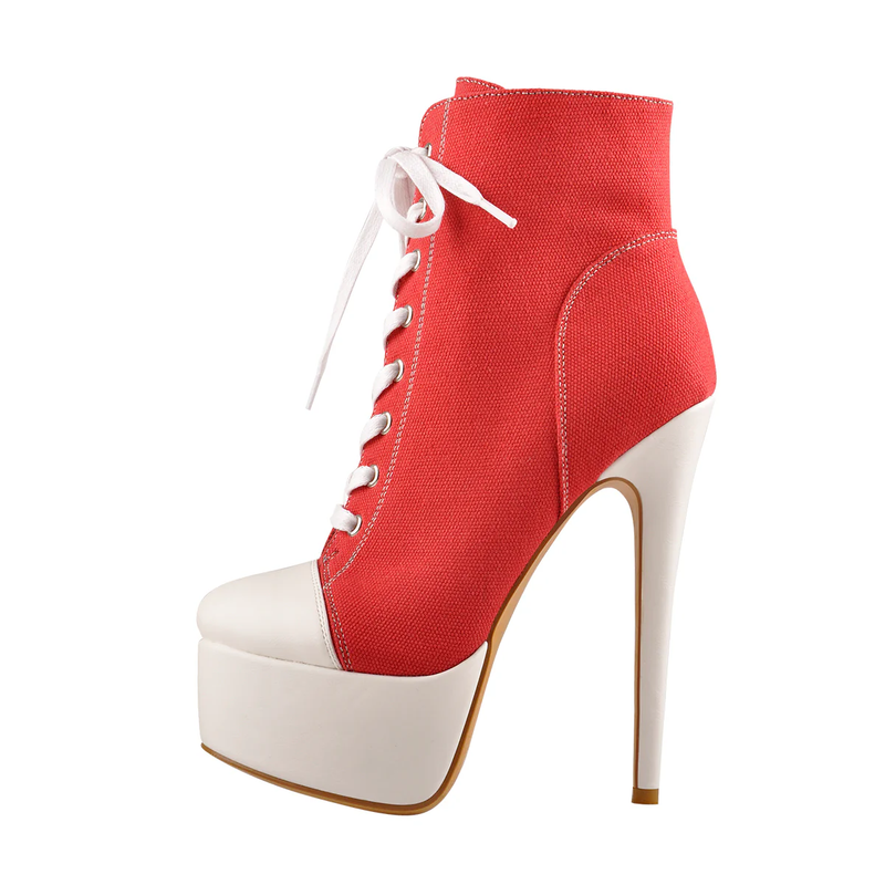 Canvas High Heel Lace Up Plattform Boots