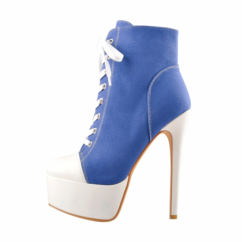 Canvas High Heel Lace Up Plattform Boots