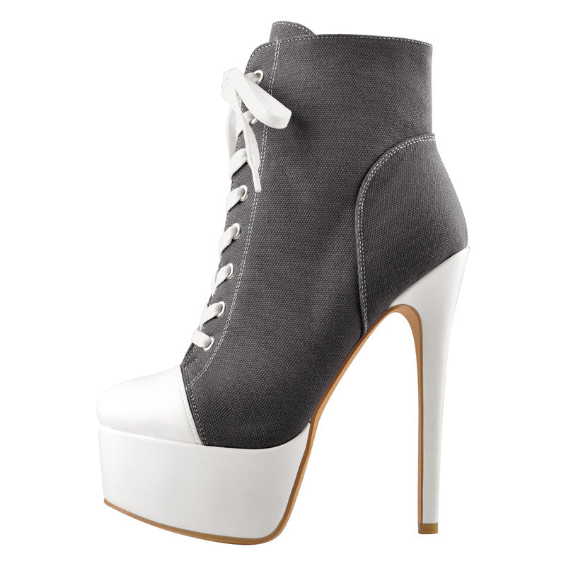 Canvas High Heel Lace Up Plattform Boots