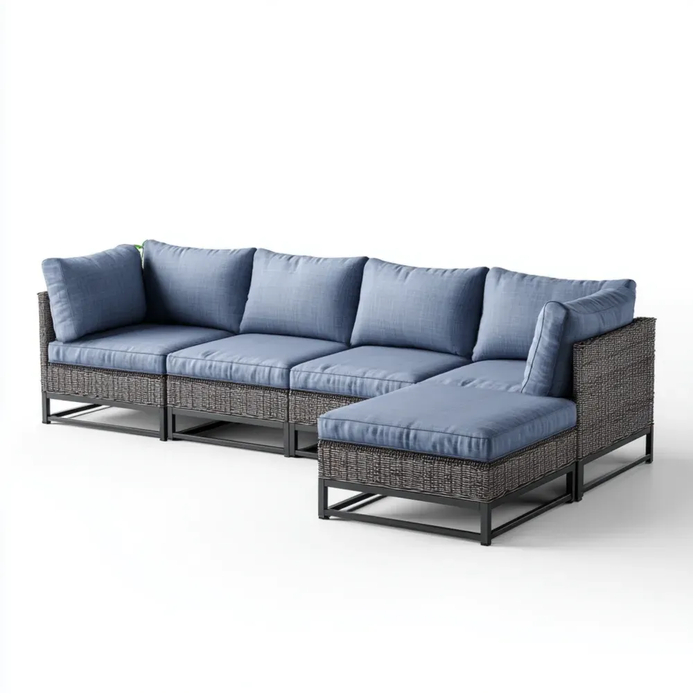 Sofá de jardín modular ratán 250x75x65 cm con cojines Azul/Gris – Moderno-Xelvador