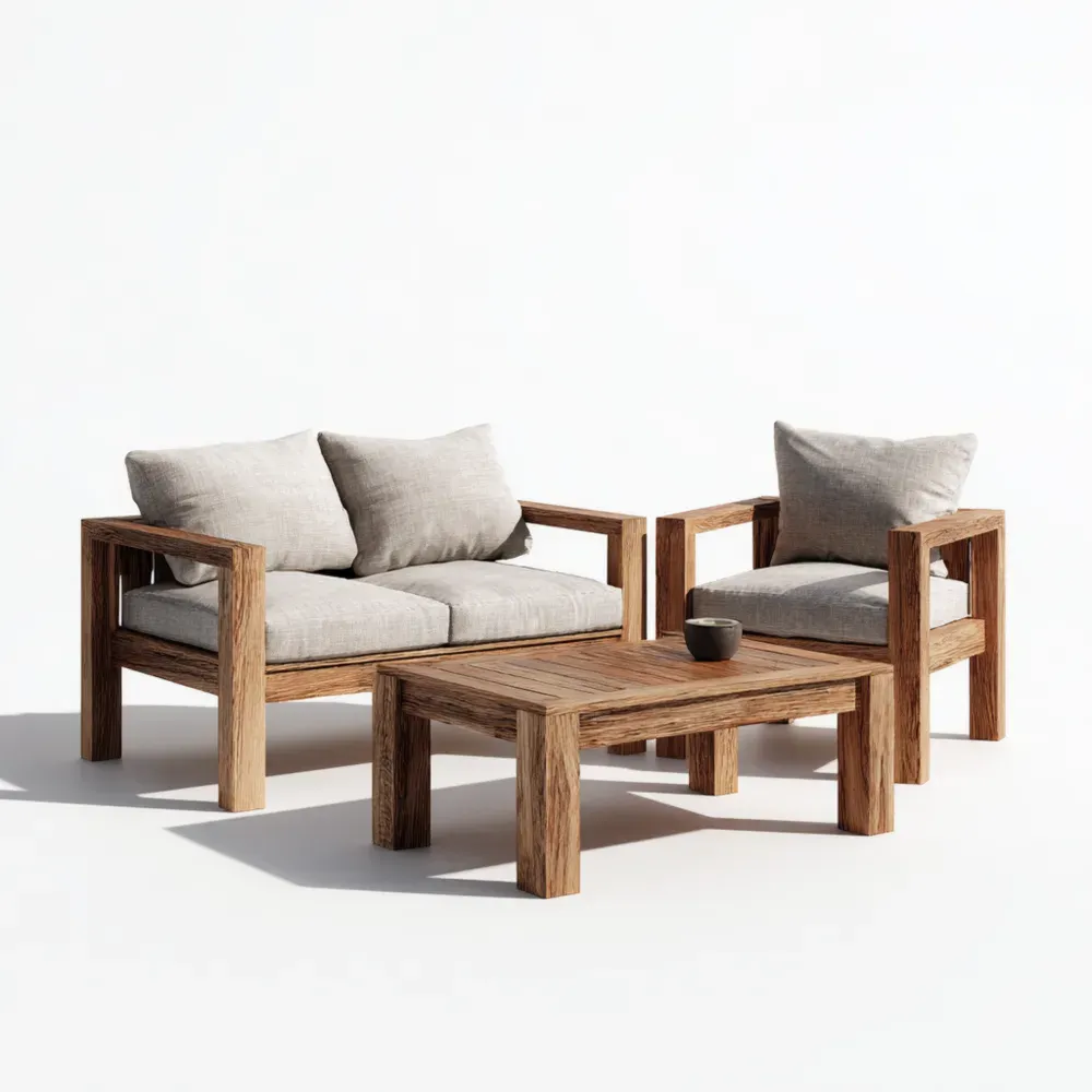 Juego de Sofás de Jardín Madera y Cojines Tela 140x75x70 cm – Beige – Diseño Contemporáneo-Xelvador