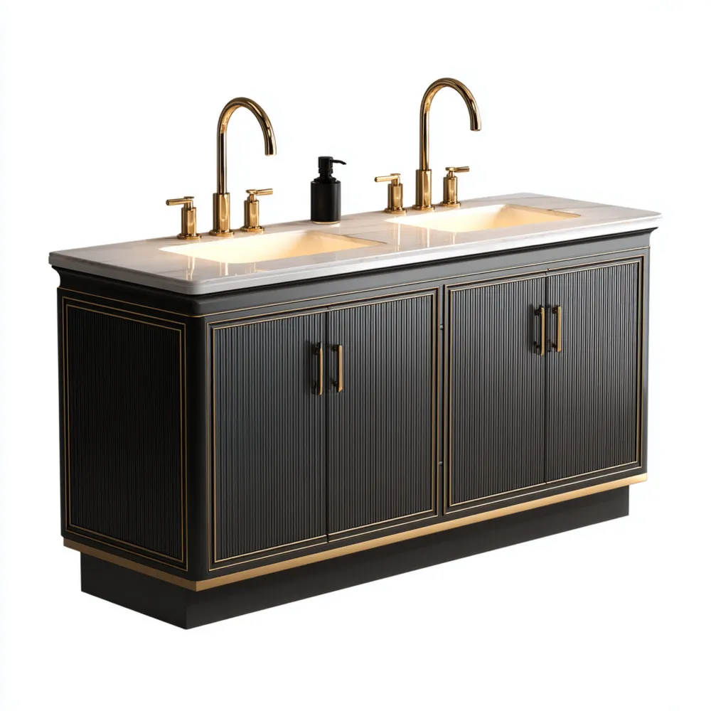 Mueble de lavabo de doble seno 160x55x85 cm – Madera/Acero – Negro/Dorado – Diseño Contemporáneo-Xelvador