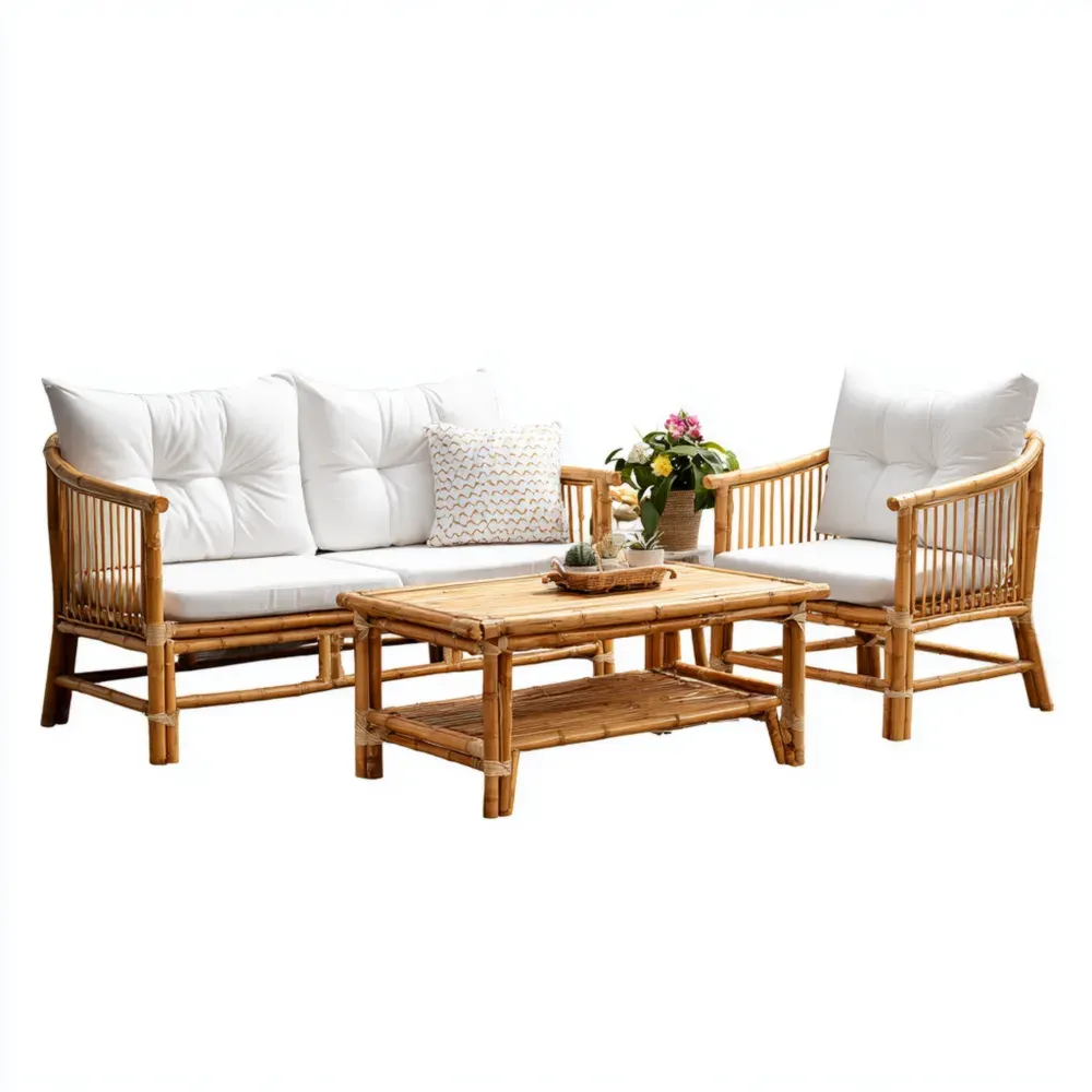 Set de Sofás de Exterior Bambú con Cojines Blancos – Sofá 140x75x88 cm, Sillón 75x75x88 cm, Mesa 90x50x45 cm – Color Natural