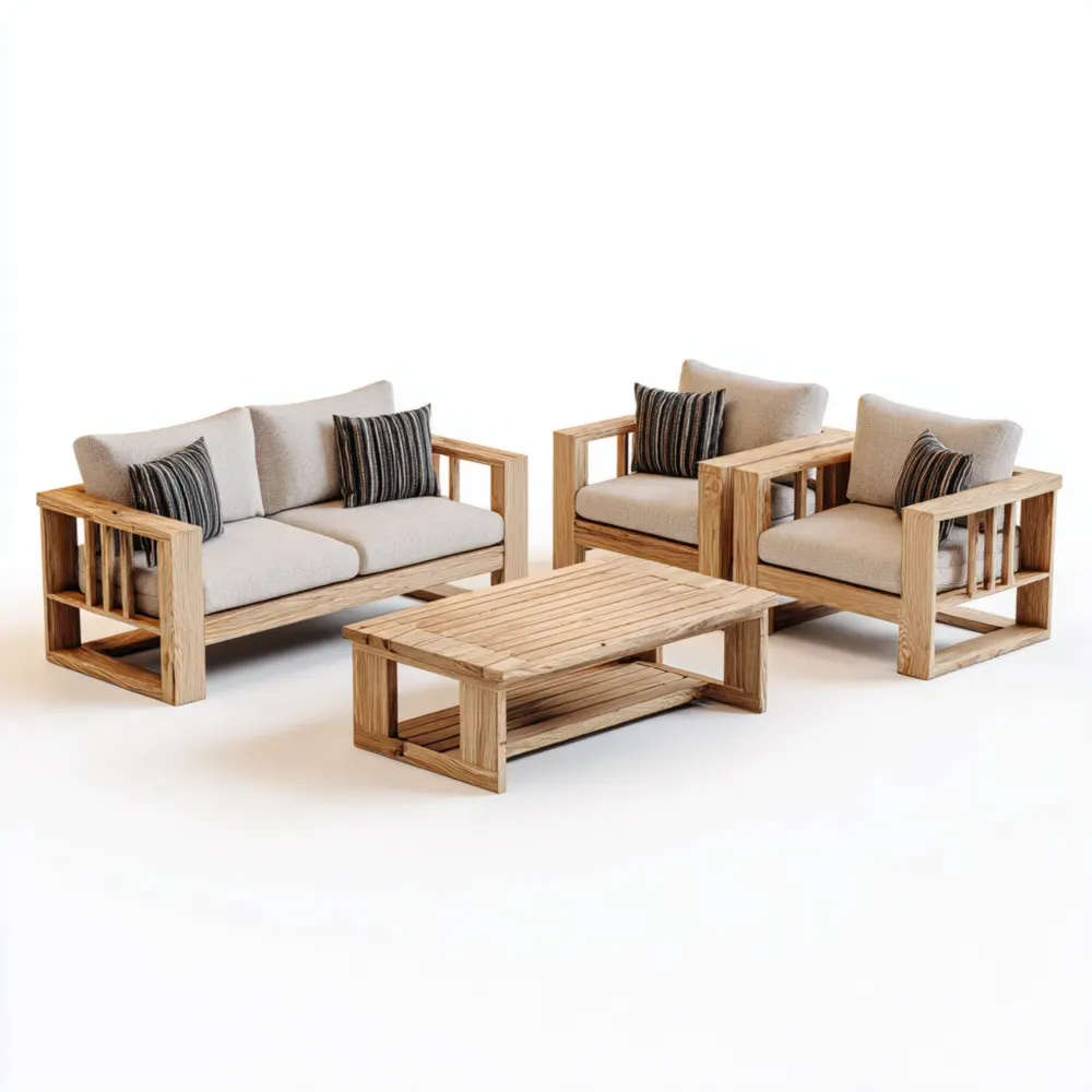 Conjunto de Sofás de Jardín Madera 3 Piezas 140x75x70 cm - Beige - Diseño Moderno-Xelvador