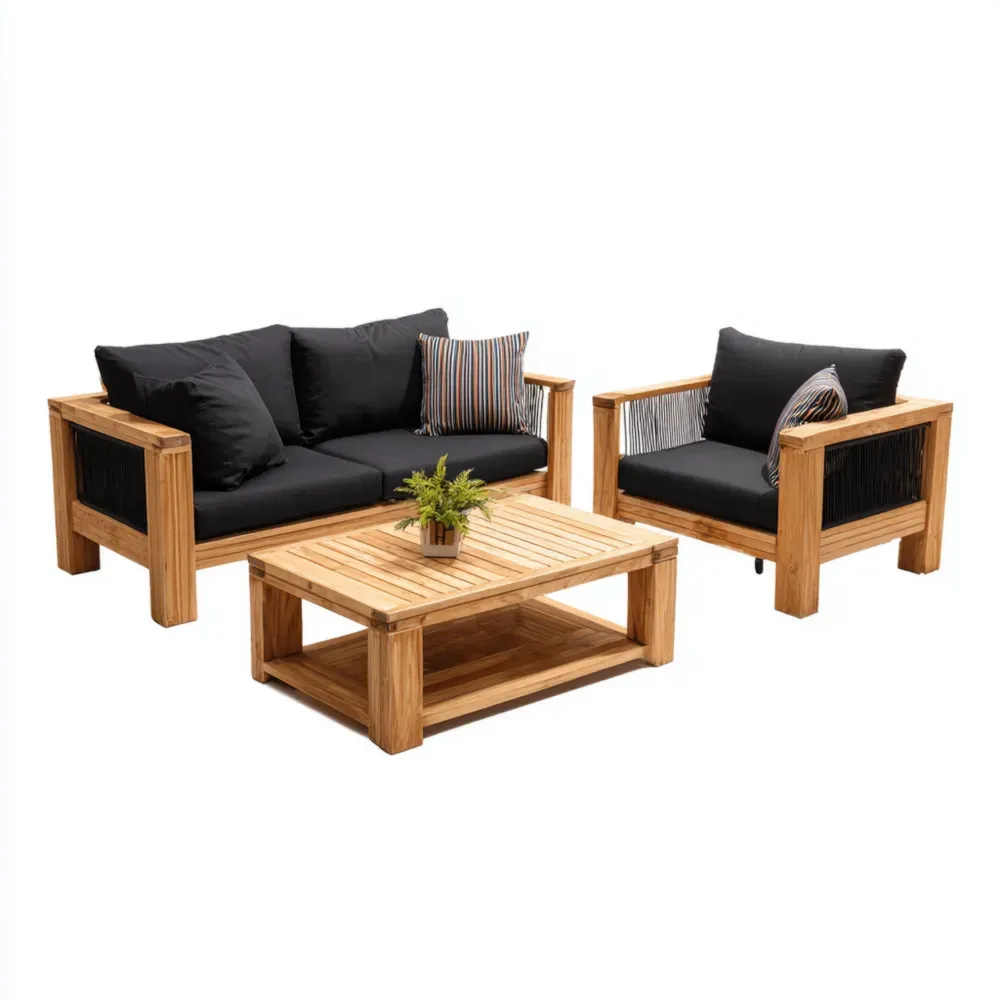 Conjunto de sofás para patio 150x75x70 cm Madera de teca Cojines Negro/Madera natural - Diseño moderno
