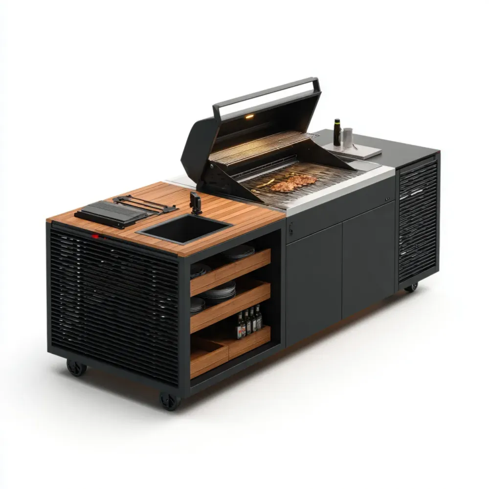 Isla de Cocina para Patio con Barbacoa y Fregadero Acero Inoxidable 200x60x90 cm - Negro/Madera - Diseño Funcional