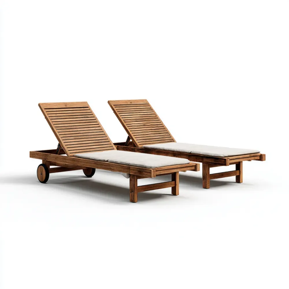 Tumbonas de jardín en madera de teca 200x65x35 cm con cojines Beige