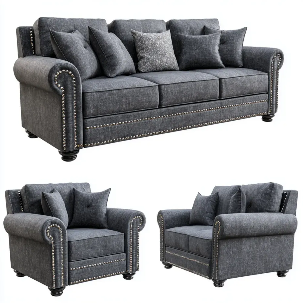 Conjunto de Sofá Clásico 3+2+1 Plazas 220x90x85 cm Tela – Gris Oscuro – Diseño Elegante