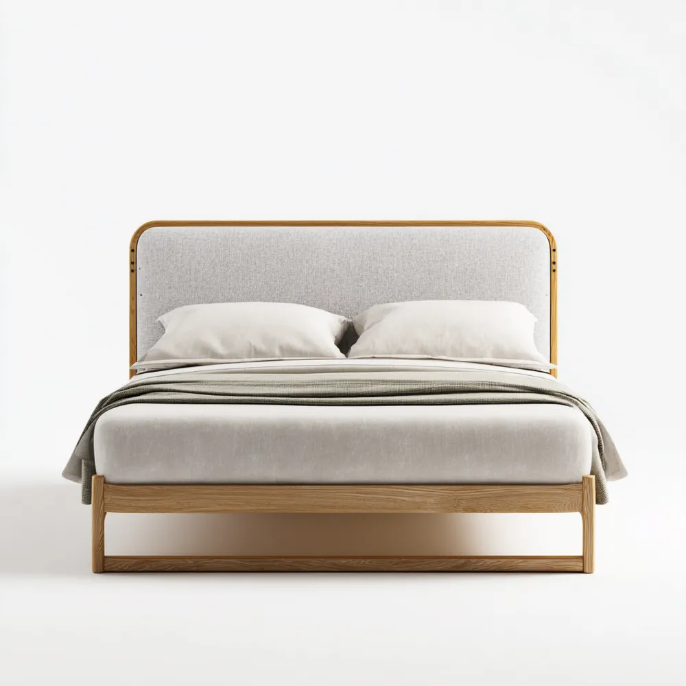 Cama Doble 200x150x90 cm Madera Roble Tapizado Tela - Gris Claro - Diseño Contemporáneo