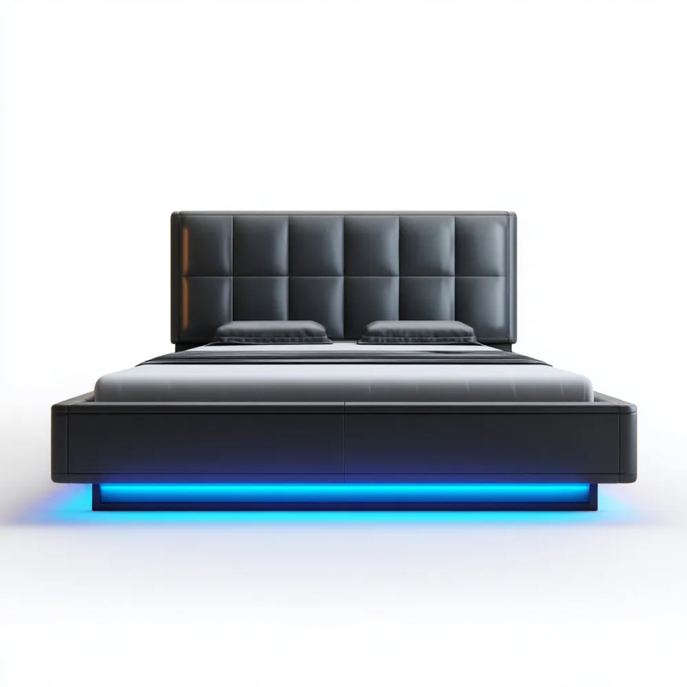 Cama doble tapizada de cuero sintético con iluminación LED 200x160x90 cm – Negro – Diseño moderno
