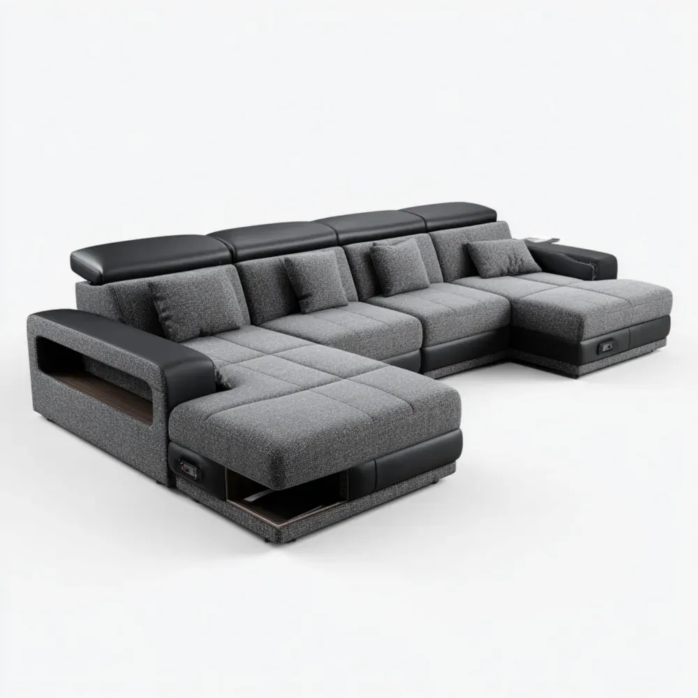 Sofá Modular Tapizado en Tela y Cuero 300x200x90 cm - Gris/Negro - Diseño Contemporáneo