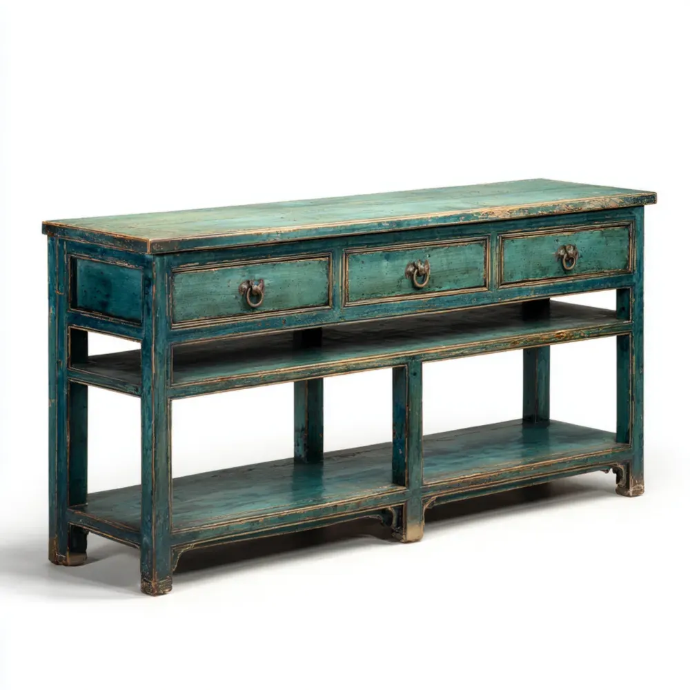 Consola de madera vintage 150x40x85 cm con estante - Azul envejecido - Diseño rústico