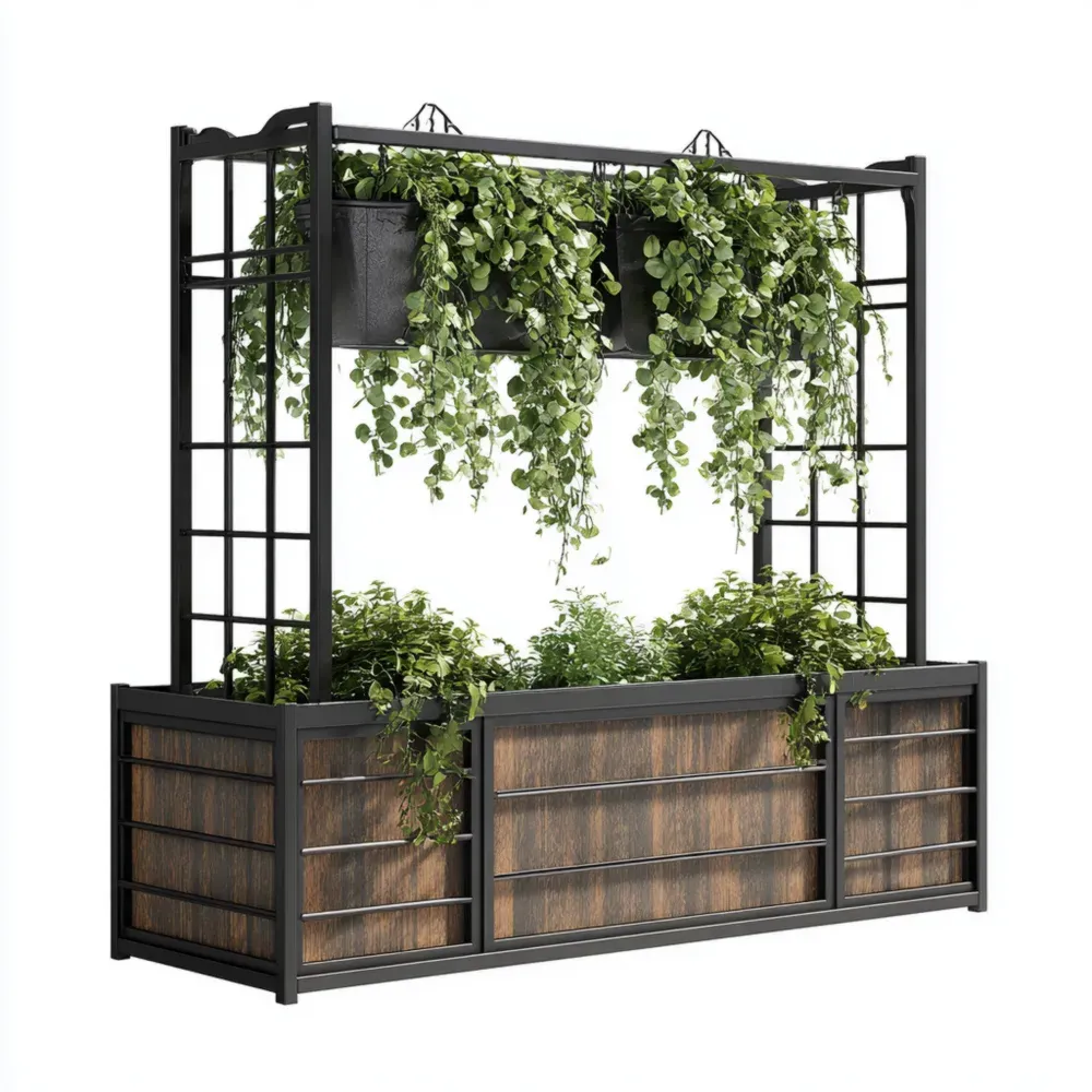 Jardinera de Metal y Madera 120x40x160 cm para Plantas Trepadoras - Marrón/Negro
