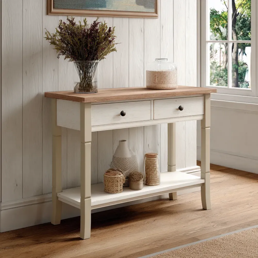 Mesa Consola de Madera 100x30x80 cm – Blanco/Roble – Diseño Clásico