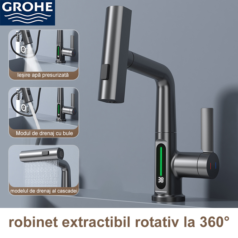 (Grohe) robinet extensibil cu afișare inteligentă a temperaturii apei cu rotire la 360°