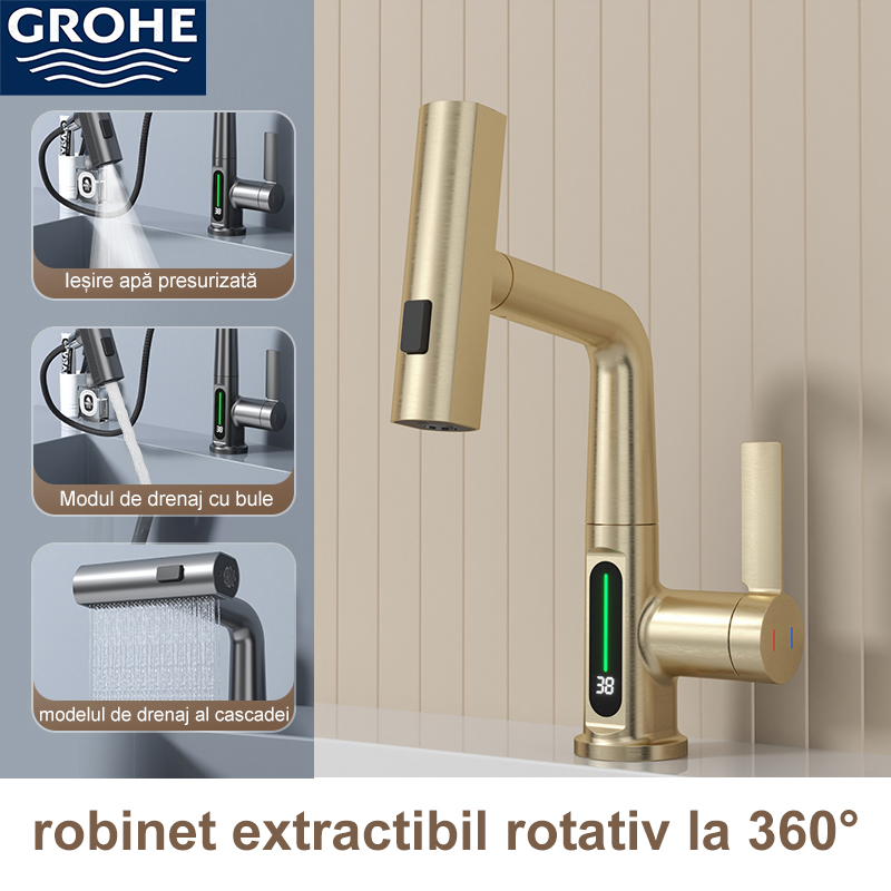 (Grohe) robinet extensibil cu afișare inteligentă a temperaturii apei cu rotire la 360°
