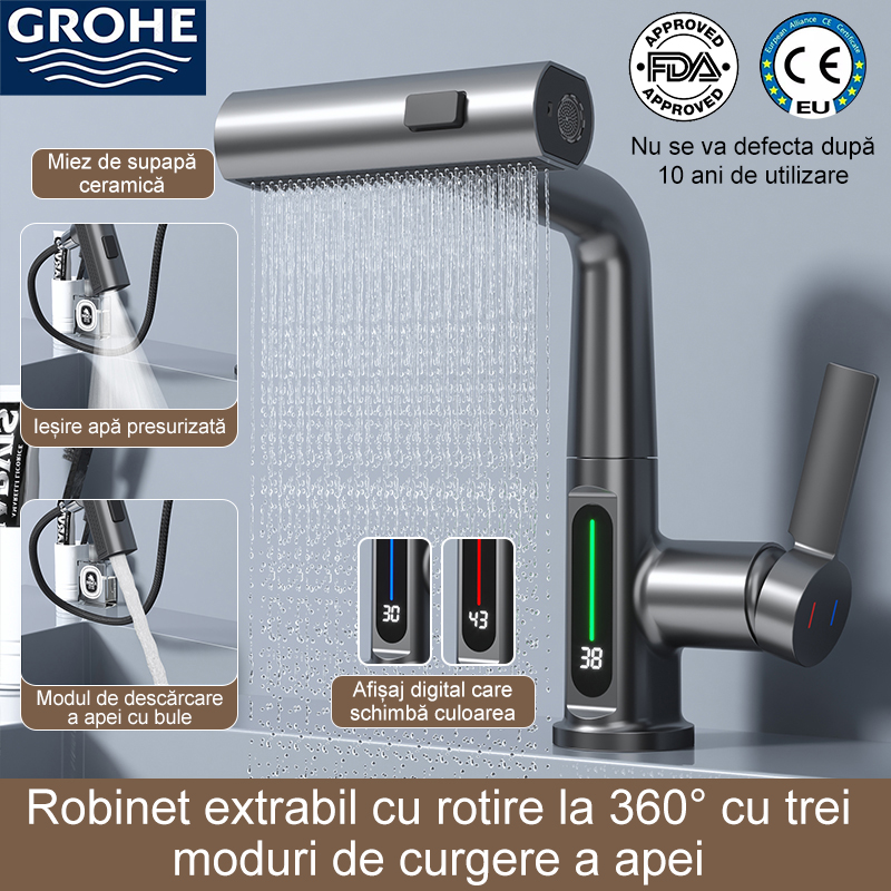 (Grohe) robinet extensibil cu afișare inteligentă a temperaturii apei cu rotire la 360°