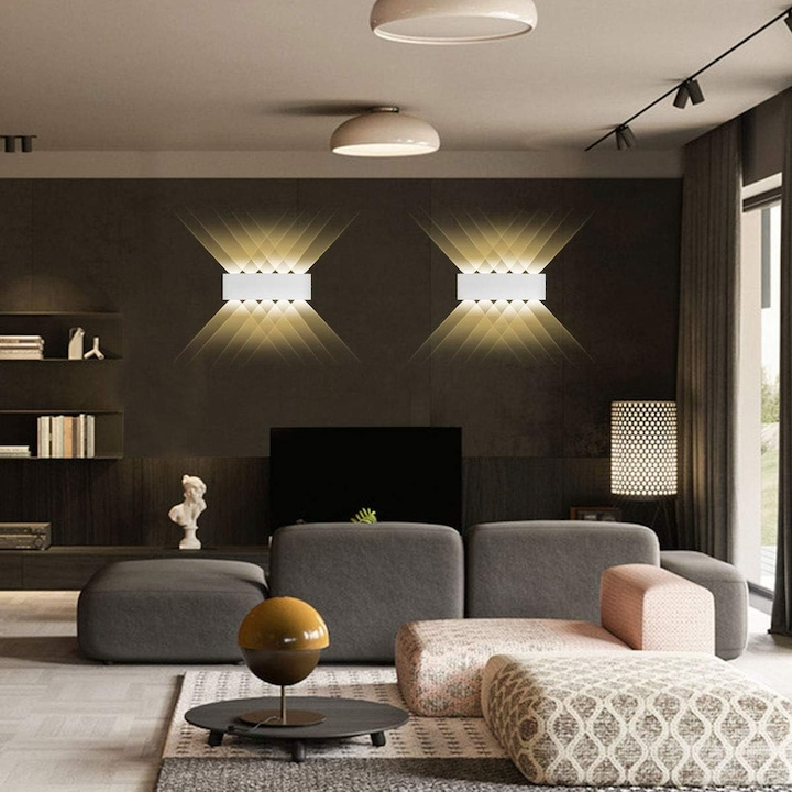 Aplica LED de perete, NEXTLY, 10 Leduri, lumina sus si jos, iluminat exterior si interior, 10W, 3000K, lumina calda, IP65, aluminiu, alb